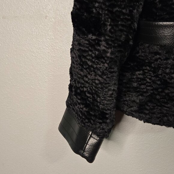 Boston Proper 4 Leather Trim Faux Fur Jacket Black Quiet Luxury Chic Edgy - Picture 4 of 12